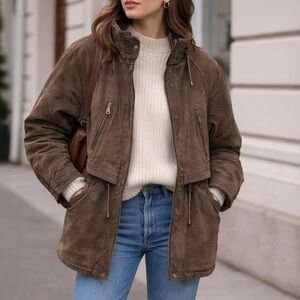 Vintage 80s Brown Suede Utility Coat Womens S Leather Longline Safari Distressed